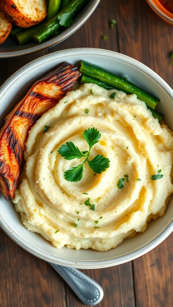 Optavia Lean and Green Mashed Cauliflower Recipe Creamy mashed cauliflower in a bowl, garnished with parsley, served with grilled chicken and vegetables.